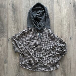 American Eagle Grey Hooded Button-Front Plaid Shirt Cropped Fit Size Medium